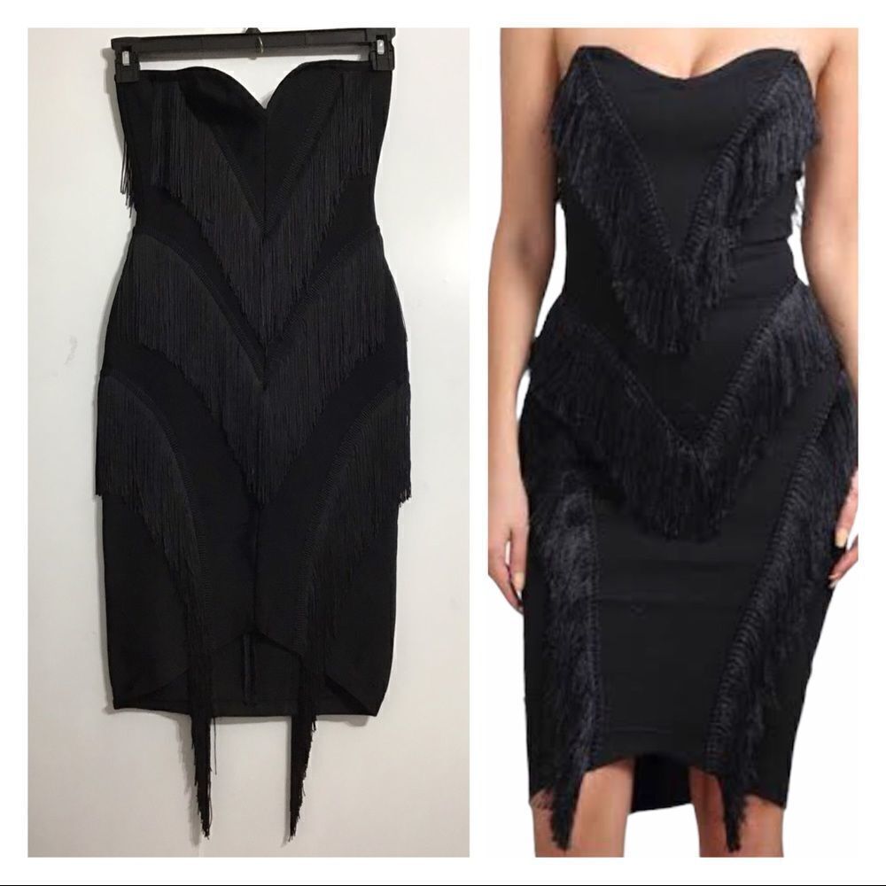 ATHINA Black Bandage Strapless Fringe Mini Dress New Size Small